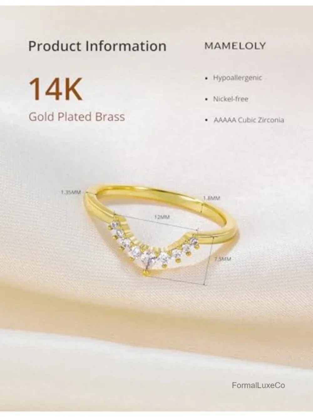 Dainty Curved V-Shape Stacking Ring 14K Gold Plated Cubic Zirconia